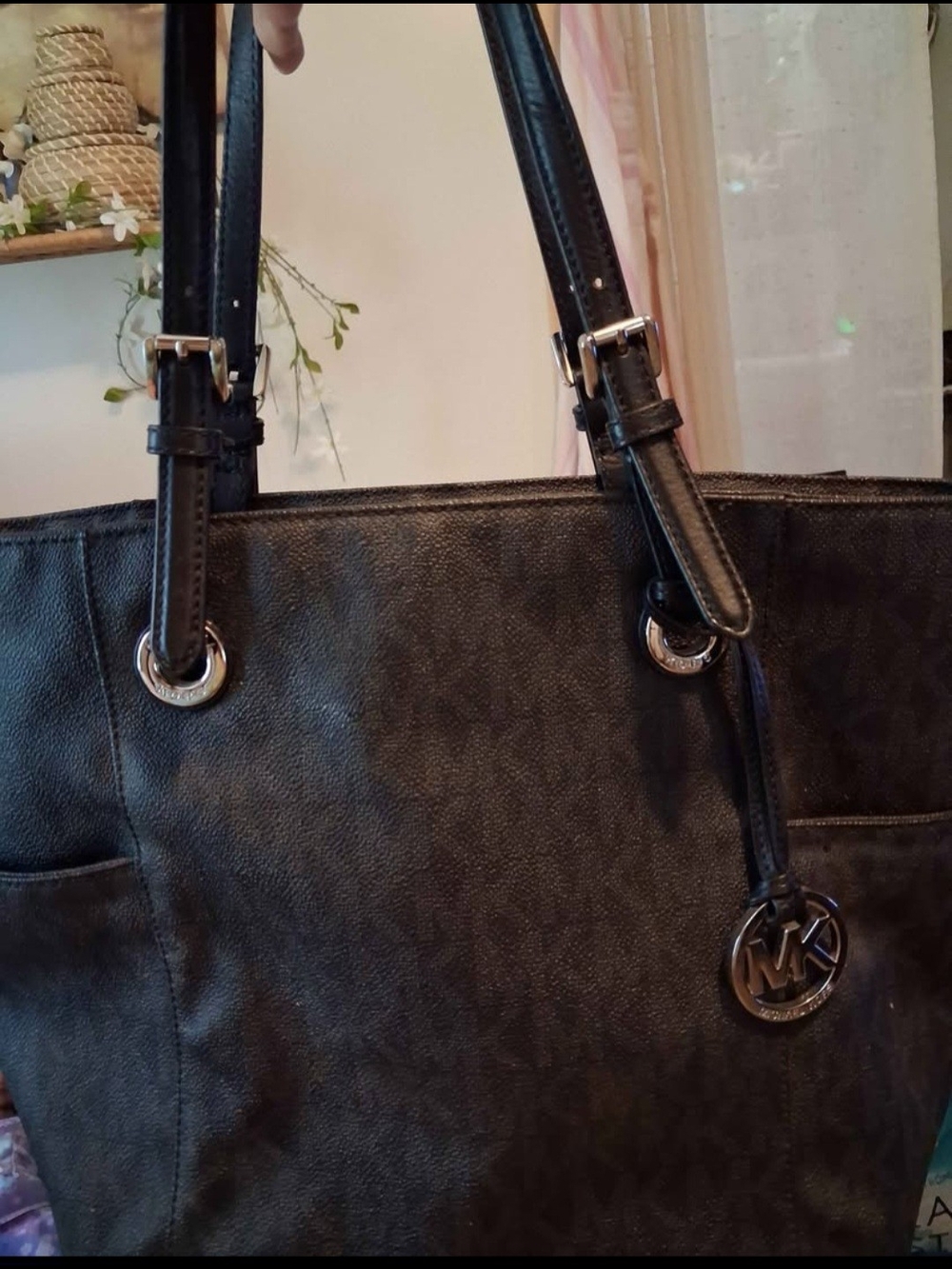 Michael Kors Black Signature Logo Tote with Silver Hardware Size Medium
